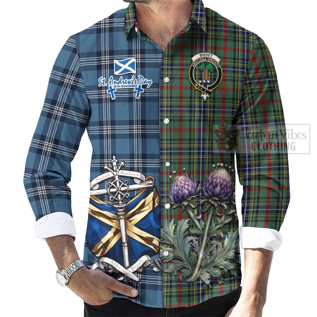 Bisset Tartan Long Sleeve Button Shirt Happy St. Andrew's Day Half Tartan Style - Tartan Vibes Clothing