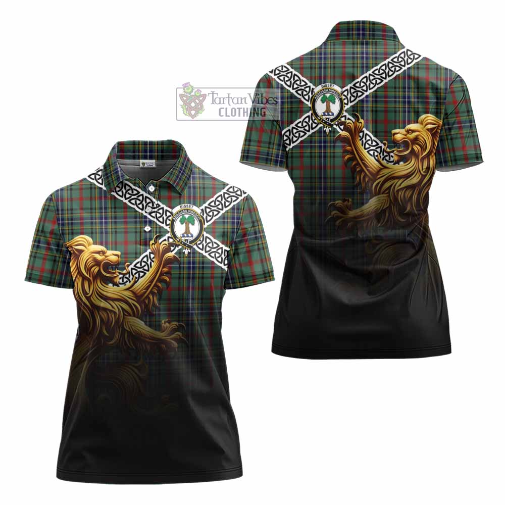Bisset Crest Tartan Women's Polo Shirt with Golden Lion Emblem Celtic Style - Tartan Vibes Clothing