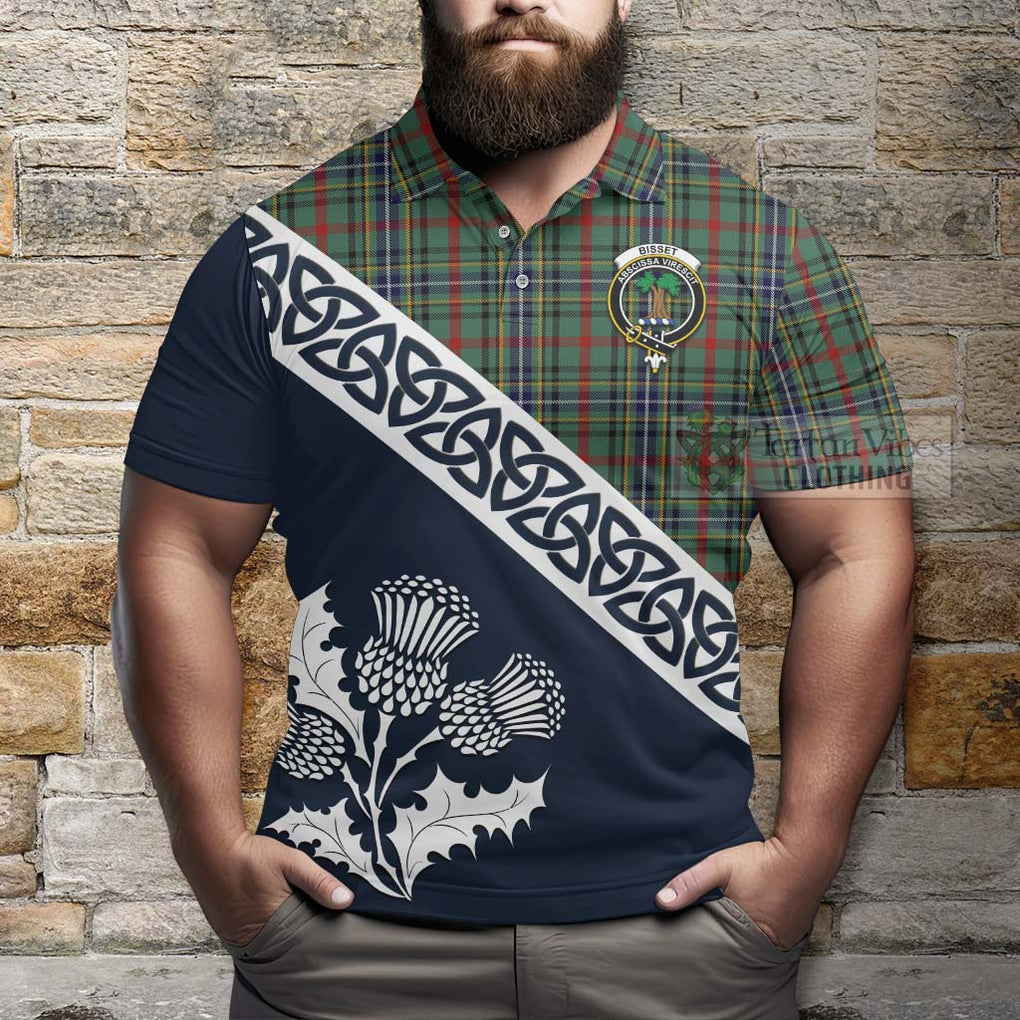 Bisset Tartan Polo Shirt Featuring Thistle and Scotland Map - Tartanvibesclothing Store