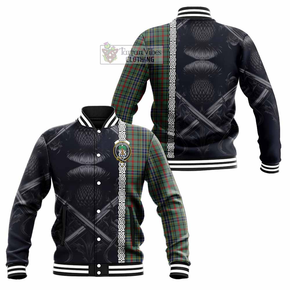 Bisset Tartan Baseball Jacket with Family Crest Cross Sword Thistle Celtic Vibes - Tartan Vibes Clothing
