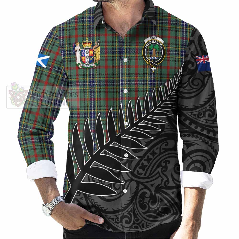 Bisset Crest Tartan Long Sleeve Button Shirt with New Zealand Silver Fern Half Style - Tartan Vibes Clothing