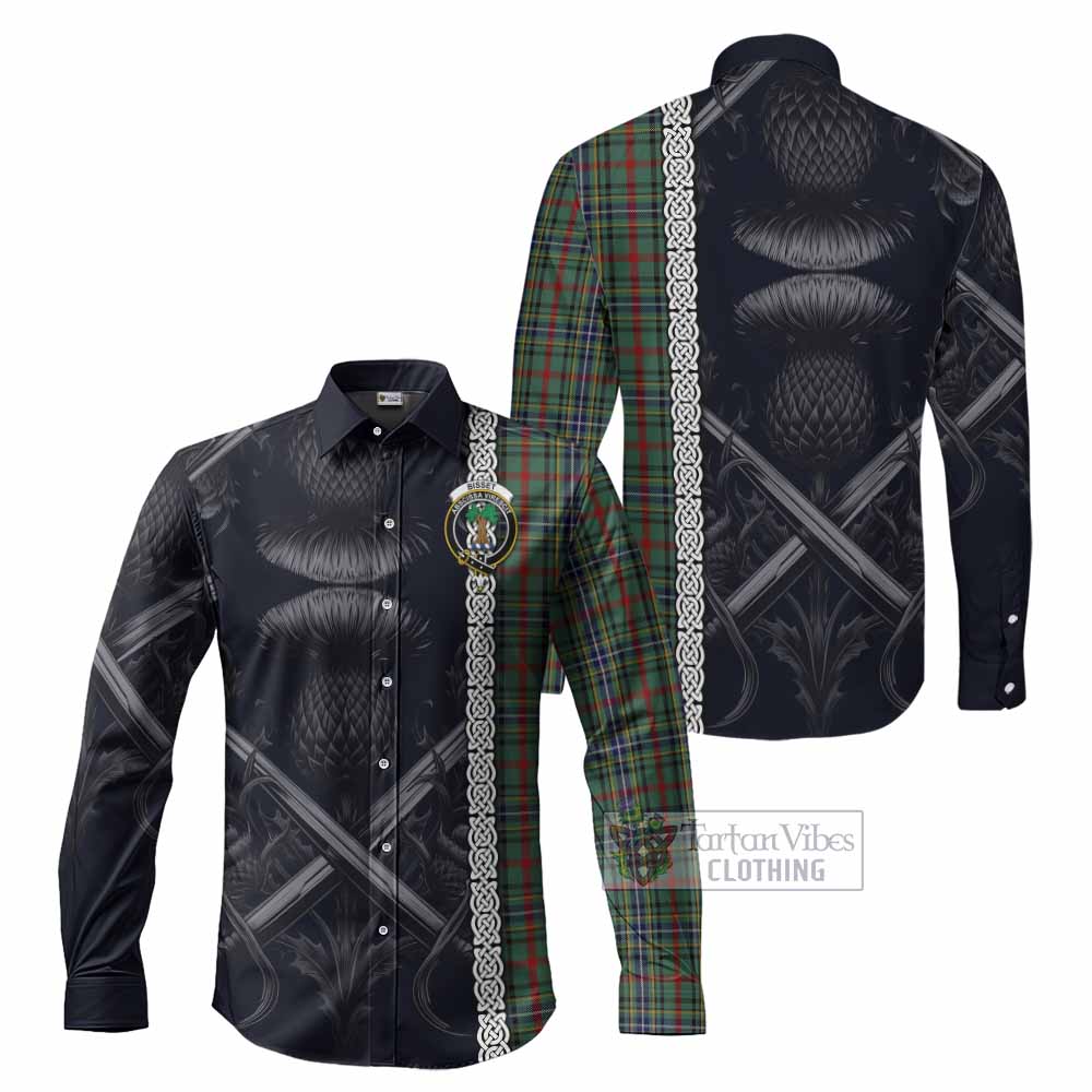 Tartan Vibes Clothing Bisset Tartan Long Sleeve Button Shirt with Family Crest Cross Sword Thistle Celtic Vibes