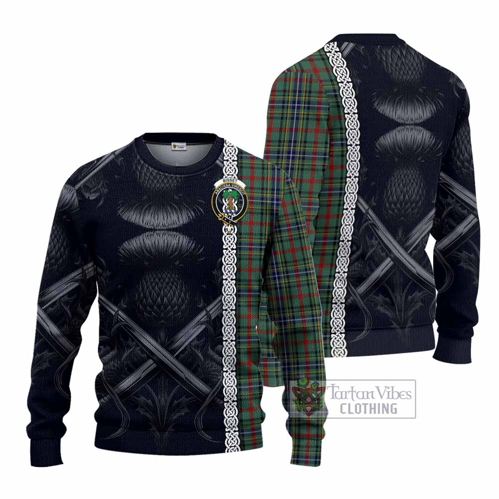 Bisset Tartan Knitted Sweater with Family Crest Cross Sword Thistle Celtic Vibes - Tartan Vibes Clothing