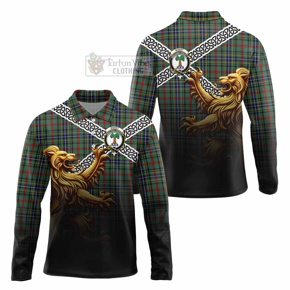 Bisset Crest Tartan Long Sleeve Polo Shirt with Golden Lion Emblem Celtic Style - Tartan Vibes Clothing