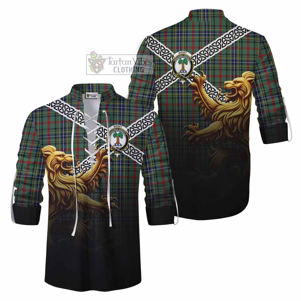 Bisset Crest Tartan Ghillie Kilt Shirt with Golden Lion Emblem Celtic Style - Tartan Vibes Clothing