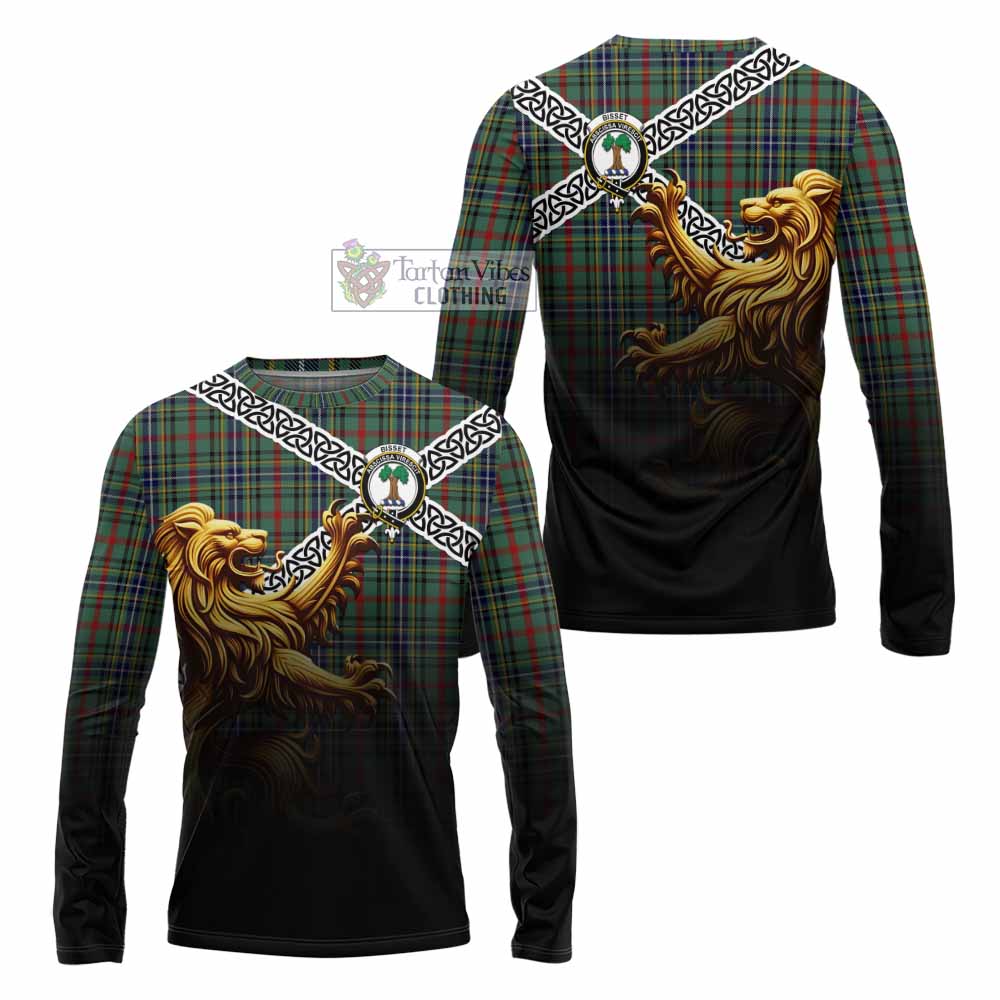 Bisset Crest Tartan Long Sleeve T-Shirt with Golden Lion Emblem Celtic Style - Tartan Vibes Clothing