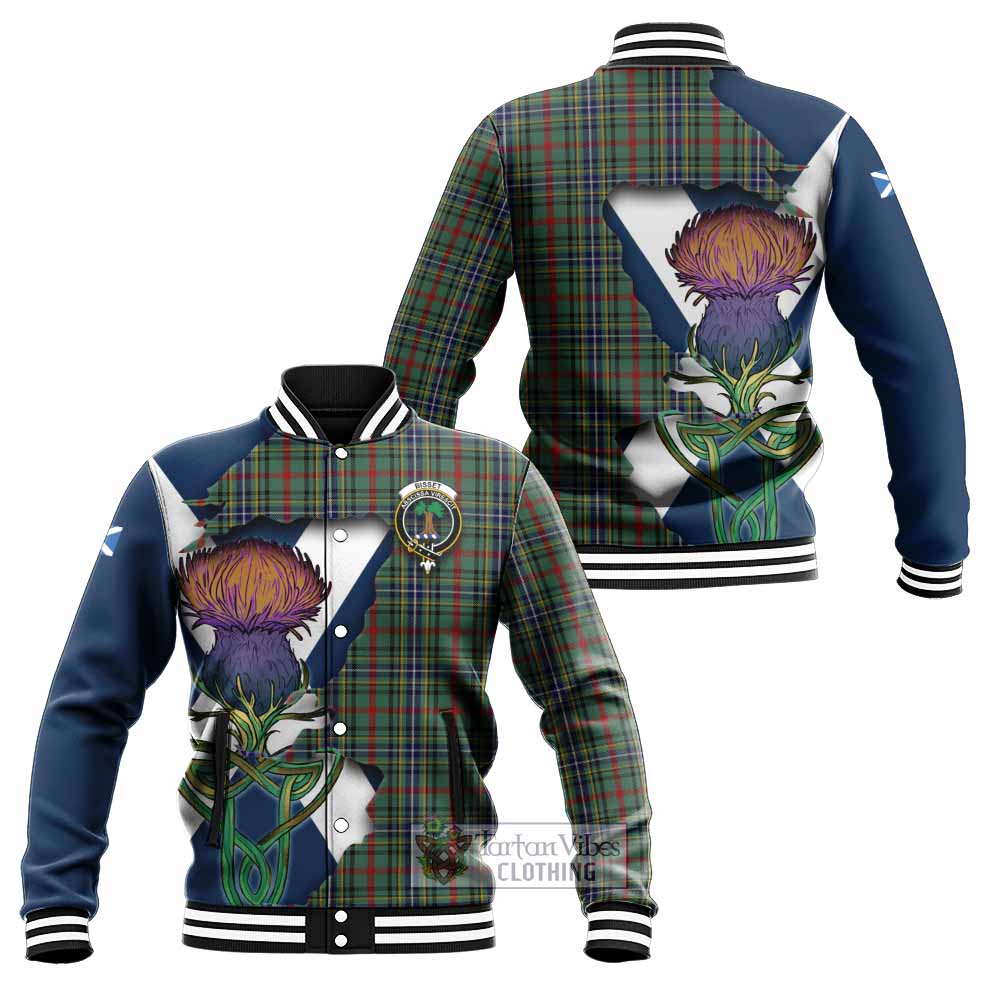 Tartan Vibes Clothing Bisset Tartan Family Crest Baseball Jacket Scottish Thistle Celtic Inspired