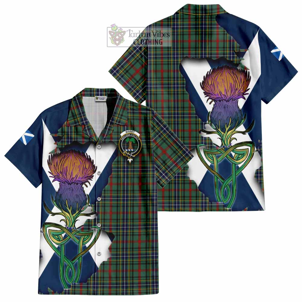 Tartan Vibes Clothing Bisset Tartan Family Crest Short Sleeve Button Shirt Scottish Thistle Celtic Inspired