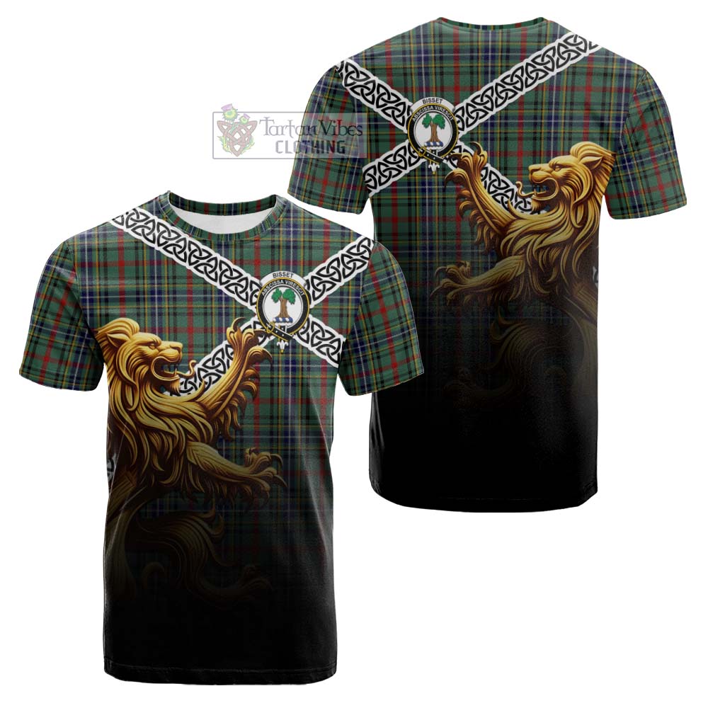 Tartan Vibes Clothing Bisset Crest Tartan Cotton T-shirt with Golden Lion Emblem Celtic Style