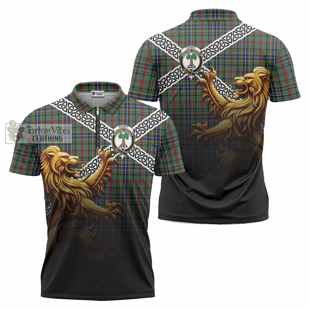 Bisset Crest Tartan Zipper Polo Shirt with Golden Lion Emblem Celtic Style - Tartan Vibes Clothing