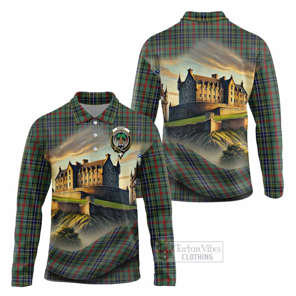Bisset Tartan Family Crest Long Sleeve Polo Shirt with Scottish Ancient Castle Style - Tartan Vibes Clothing