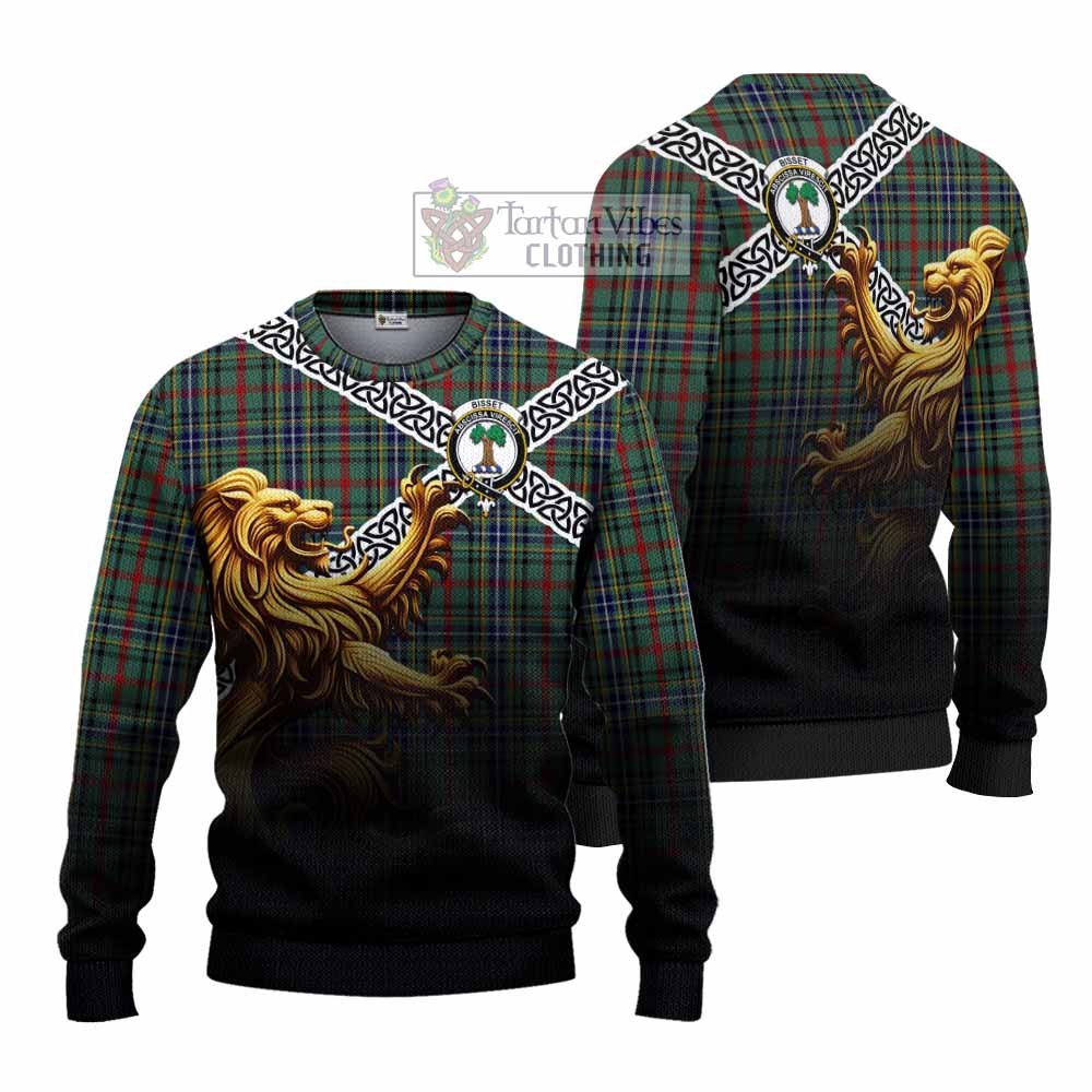 Bisset Crest Tartan Knitted Sweater with Golden Lion Emblem Celtic Style - Tartan Vibes Clothing