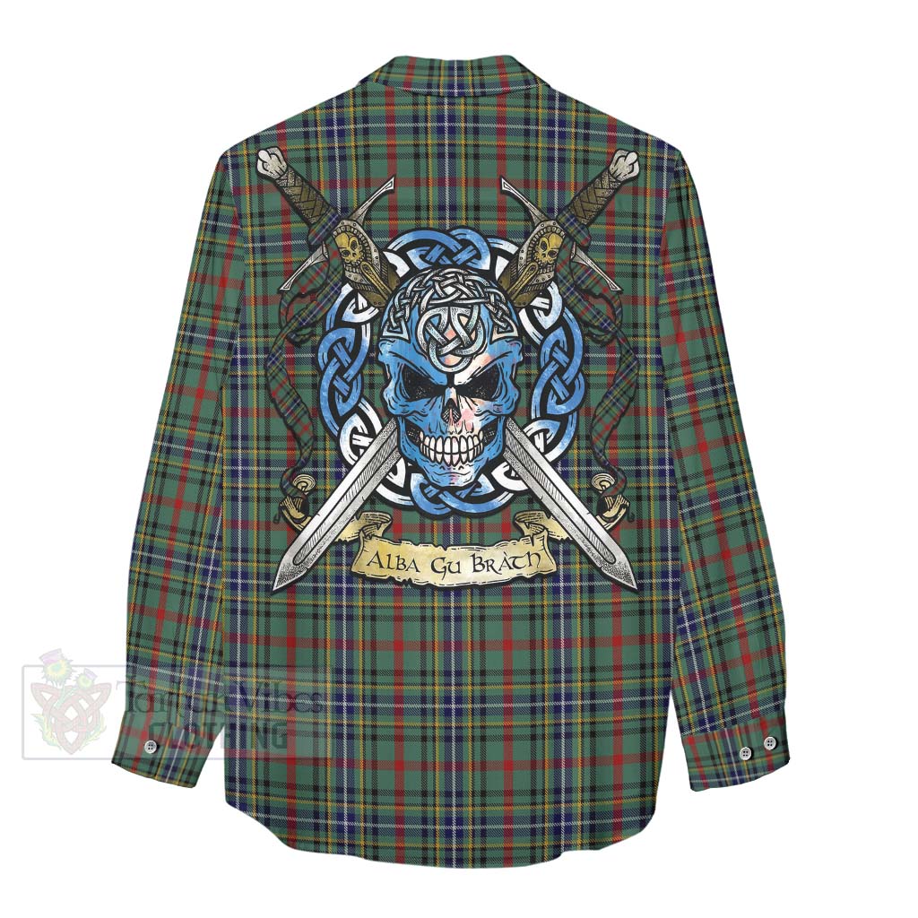 Bisset Tartan Women's Casual Shirt with Family Crest Celtic Skull Style - Tartan Vibes Clothing