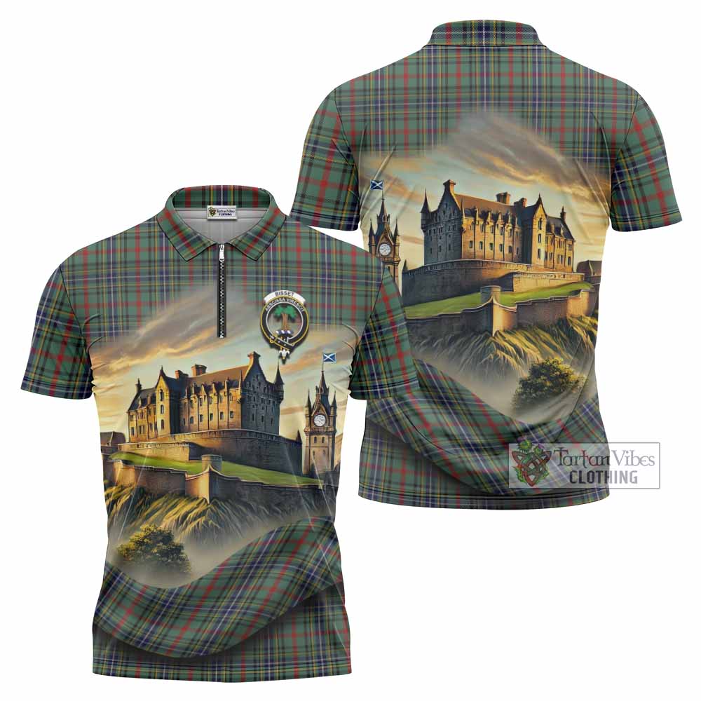 Bisset Tartan Family Crest Zipper Polo Shirt with Scottish Ancient Castle Style - Tartan Vibes Clothing