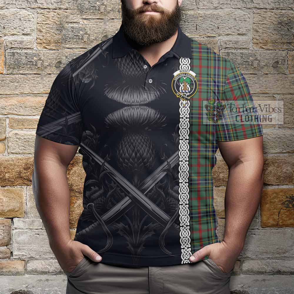 Bisset Tartan Polo Shirt with Family Crest Cross Sword Thistle Celtic Vibes - Tartan Vibes Clothing
