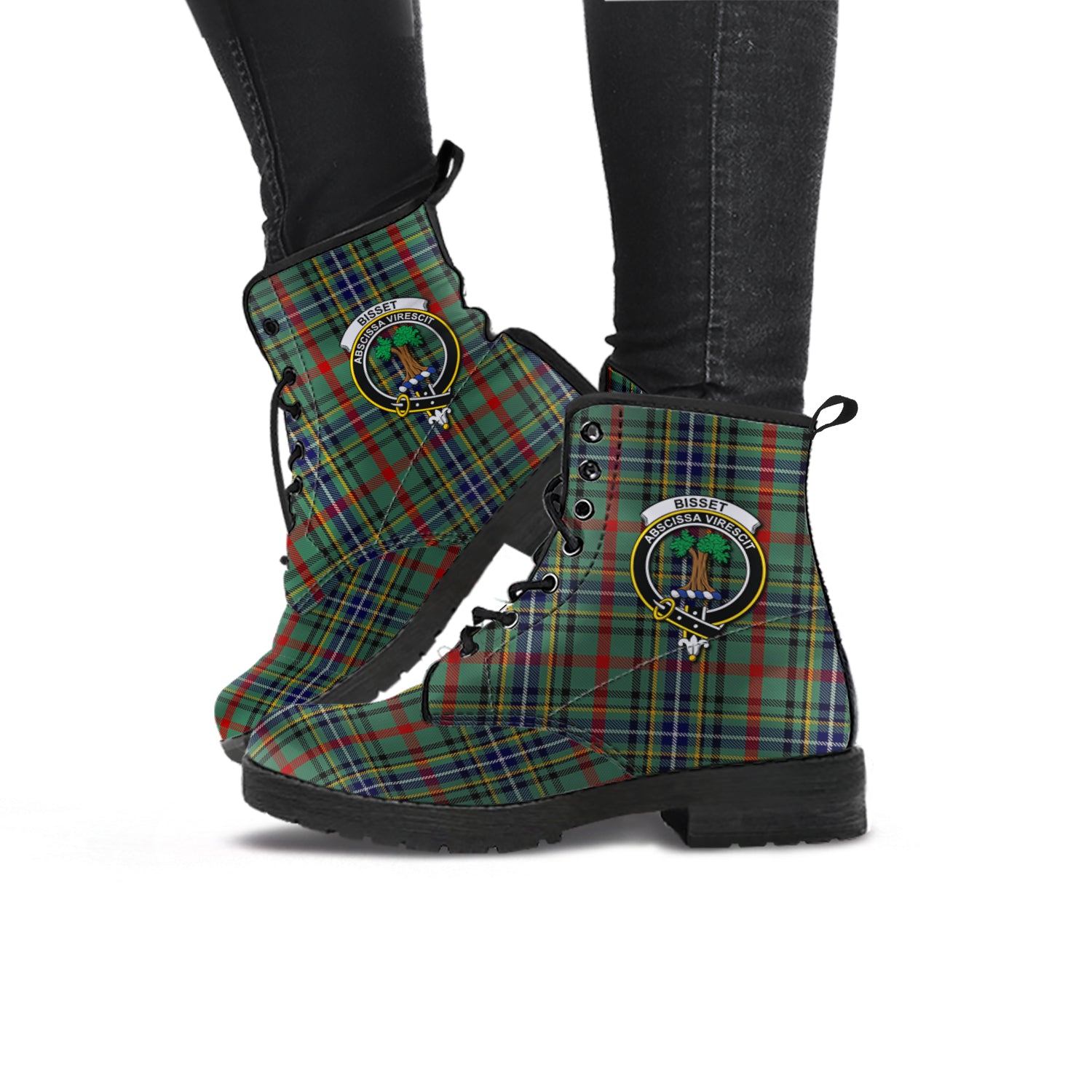 Bisset Tartan Leather Boots with Family Crest - Tartanvibesclothing