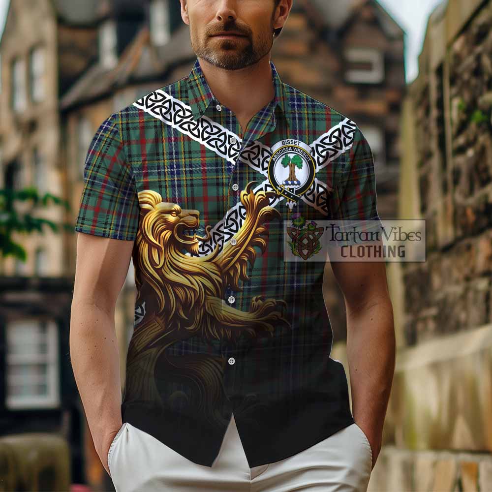 Bisset Crest Tartan Hawaiian Shirt with Golden Lion Emblem Celtic Style - Tartan Vibes Clothing