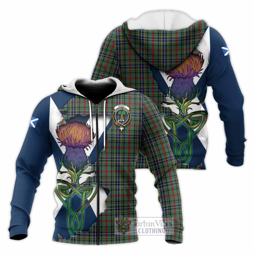Tartan Vibes Clothing Bisset Tartan Family Crest Knitted Hoodie Scottish Thistle Celtic Inspired
