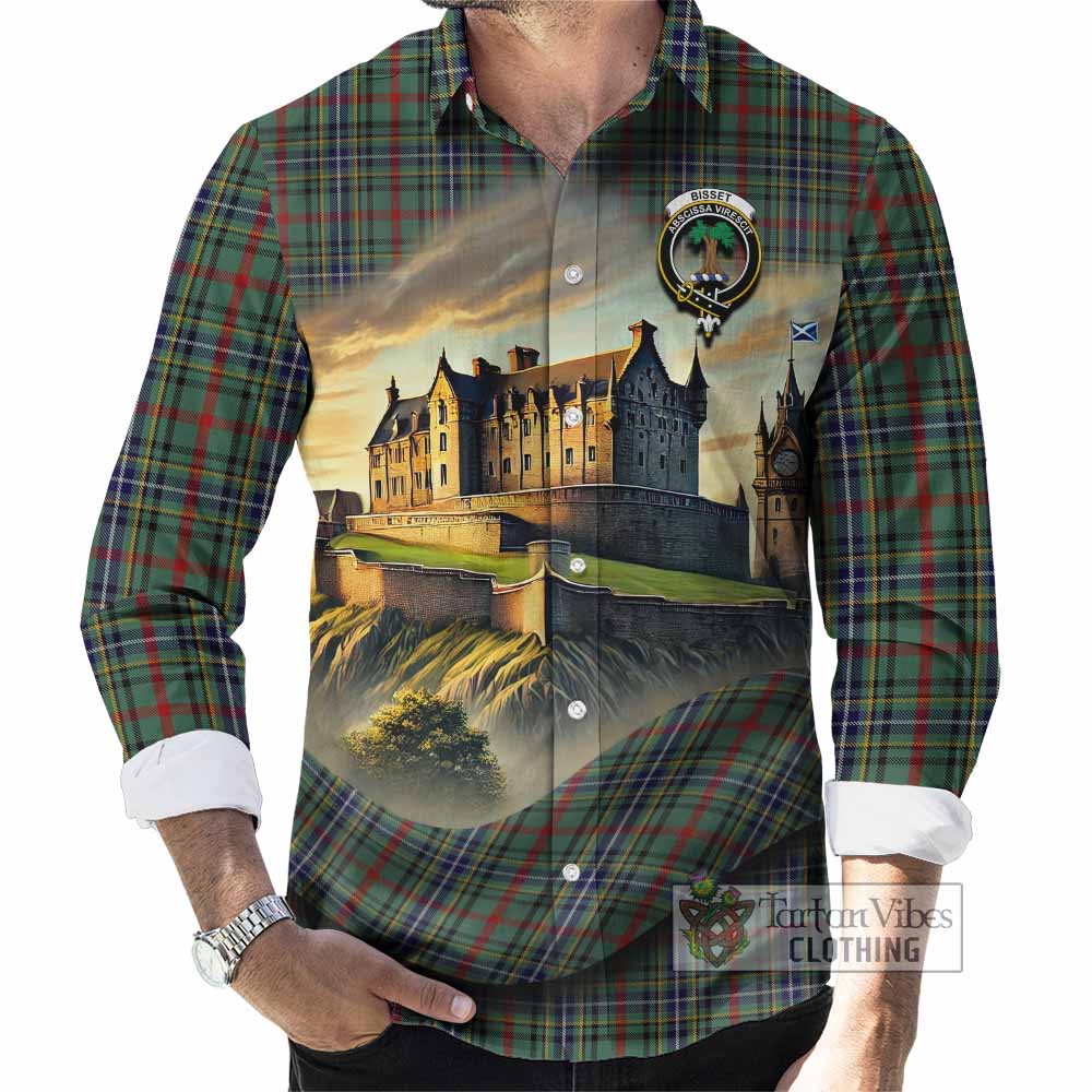 Tartan Vibes Clothing Bisset Tartan Family Crest Long Sleeve Button Shirt with Scottish Ancient Castle Style