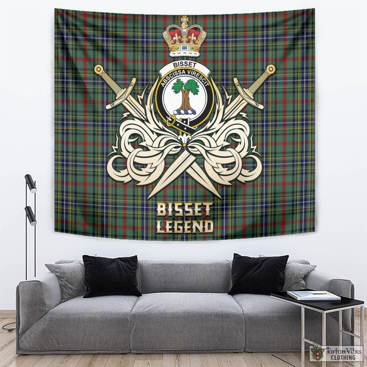 Tartan Vibes Clothing Bisset Tartan Tapestry with Clan Crest and the Golden Sword of Courageous Legacy