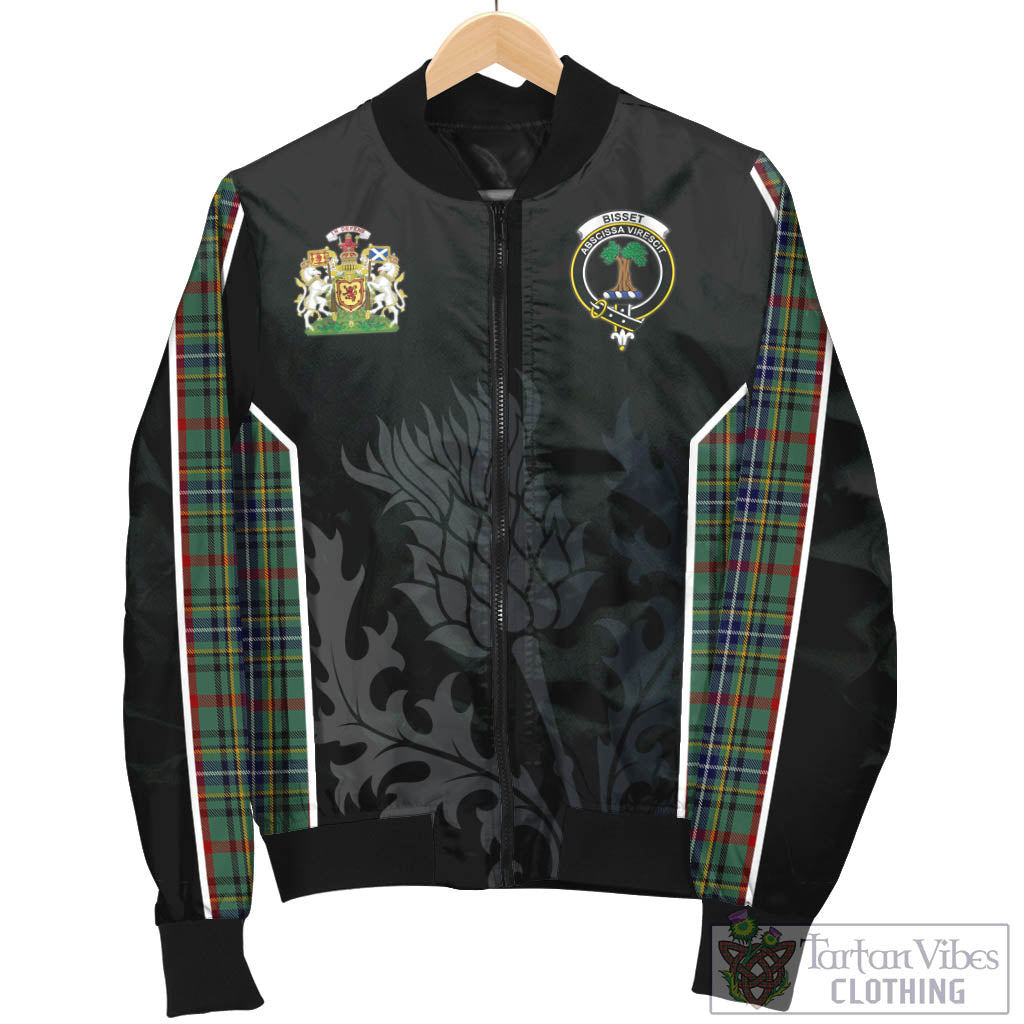 Bisset Tartan Bomber Jacket with Family Crest and Scottish Thistle Vibes Sport Style - Tartan Vibes Clothing