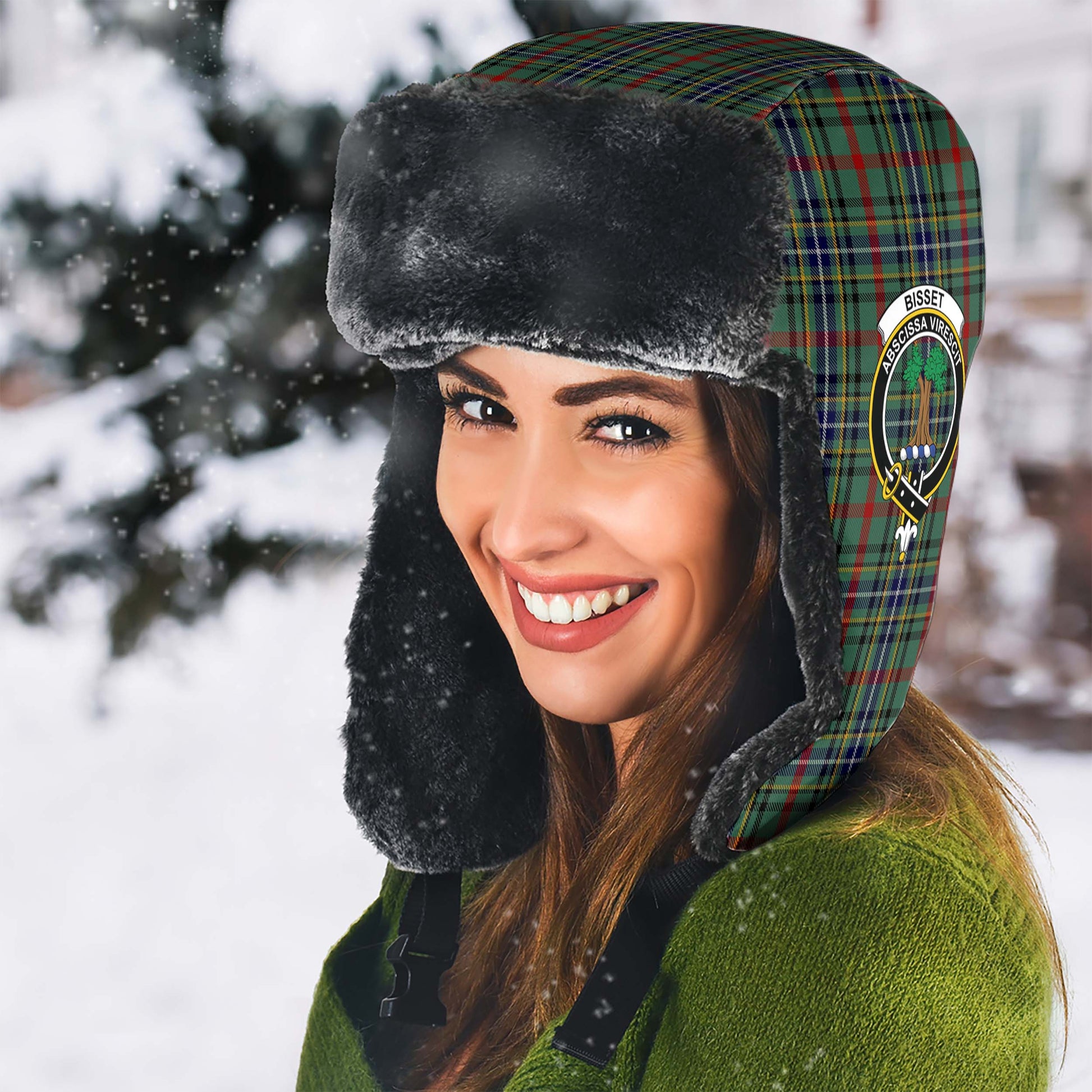 Bisset Tartan Winter Trapper Hat with Family Crest - Tartan Vibes Clothing