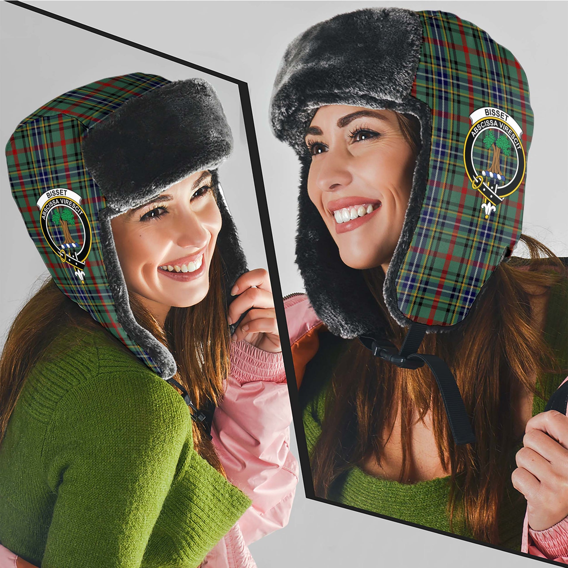 Bisset Tartan Winter Trapper Hat with Family Crest - Tartan Vibes Clothing
