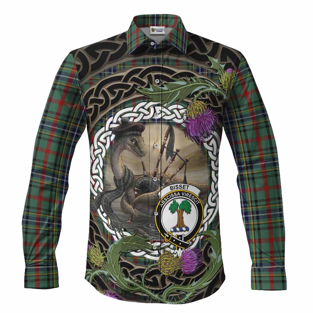 Bisset Tartan Crest Bagpipe Nessie Long Sleeve Button Shirts Scottish Loch Ness Monster Celtic Thistle