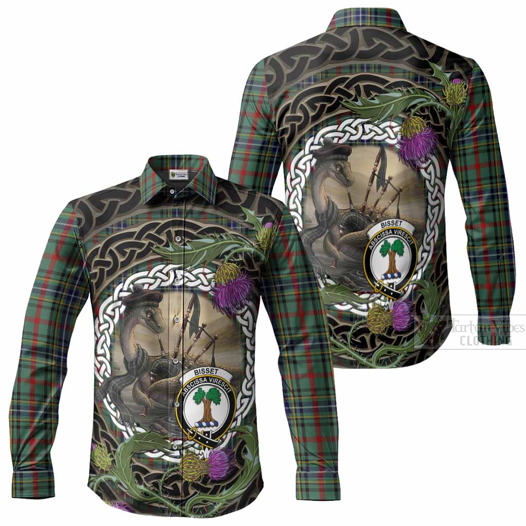 Bisset Tartan Crest Bagpipe Nessie Long Sleeve Button Shirts Scottish Loch Ness Monster Celtic Thistle
