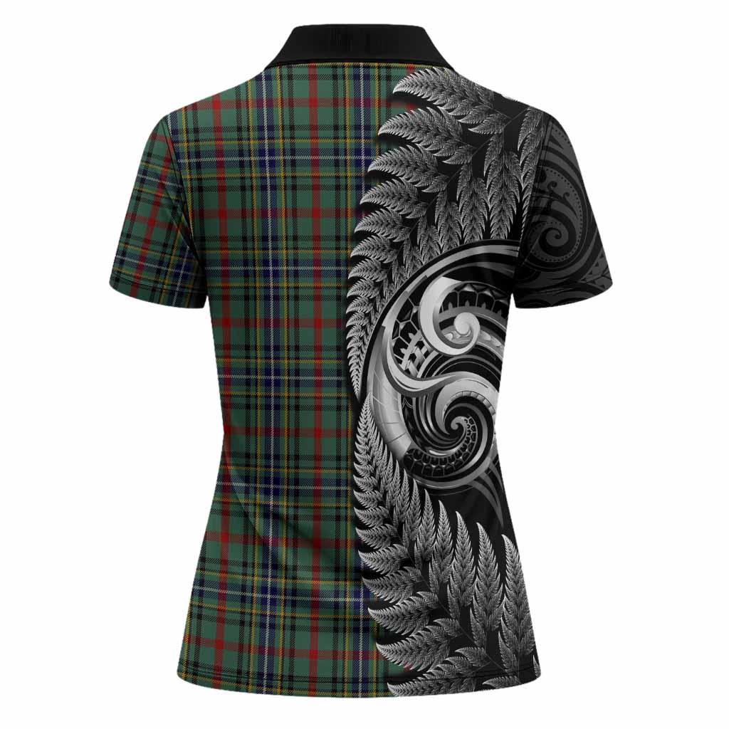 Bisset Tartan Crest Women Polo Shirt With New Zealand Silver Fern Maori Koru