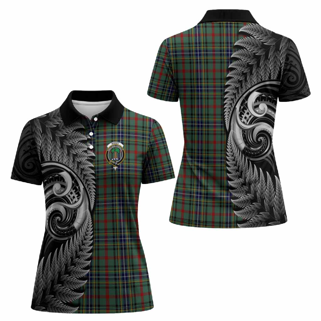 Bisset Tartan Crest Women Polo Shirt With New Zealand Silver Fern Maori Koru