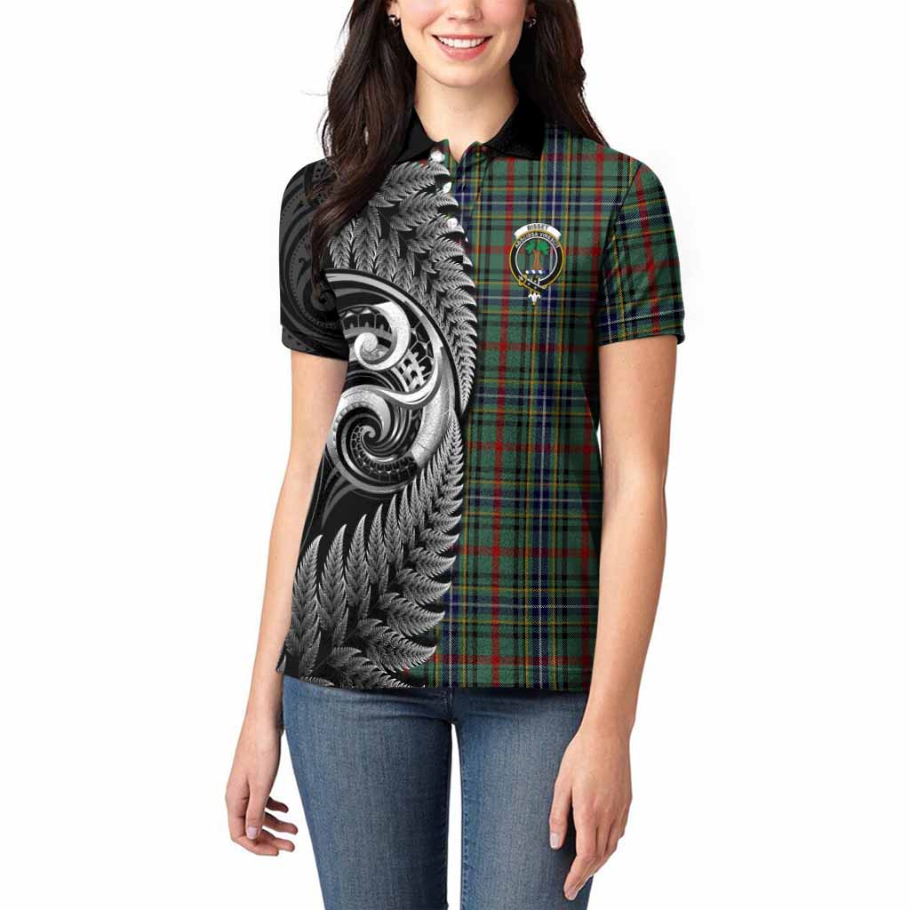 Bisset Tartan Crest Women Polo Shirt With New Zealand Silver Fern Maori Koru