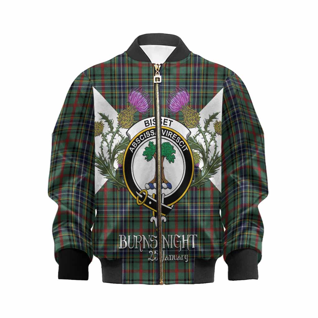 Bisset Tartan Family Crest Kid Bomber Jacket Scottish Burns Night Thistle Floral