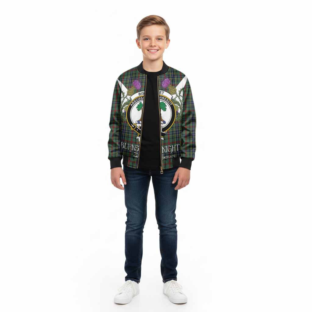 Bisset Tartan Family Crest Kid Bomber Jacket Scottish Burns Night Thistle Floral