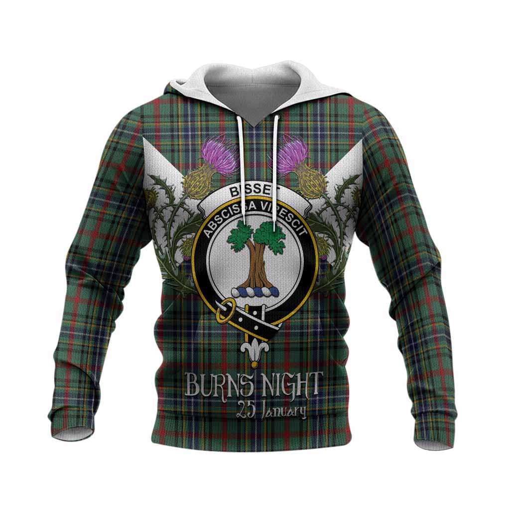 Bisset Tartan Family Crest Knitted Hoodie Scottish Burns Night Thistle Floral
