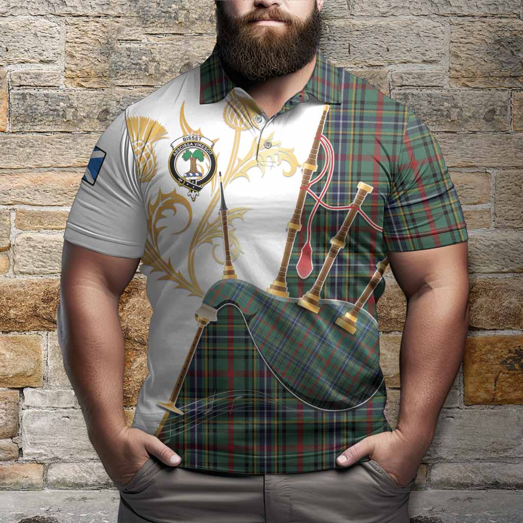 Bisset Tartan Family Crest Polo Shirt Bagpipes with Scottish Thistle