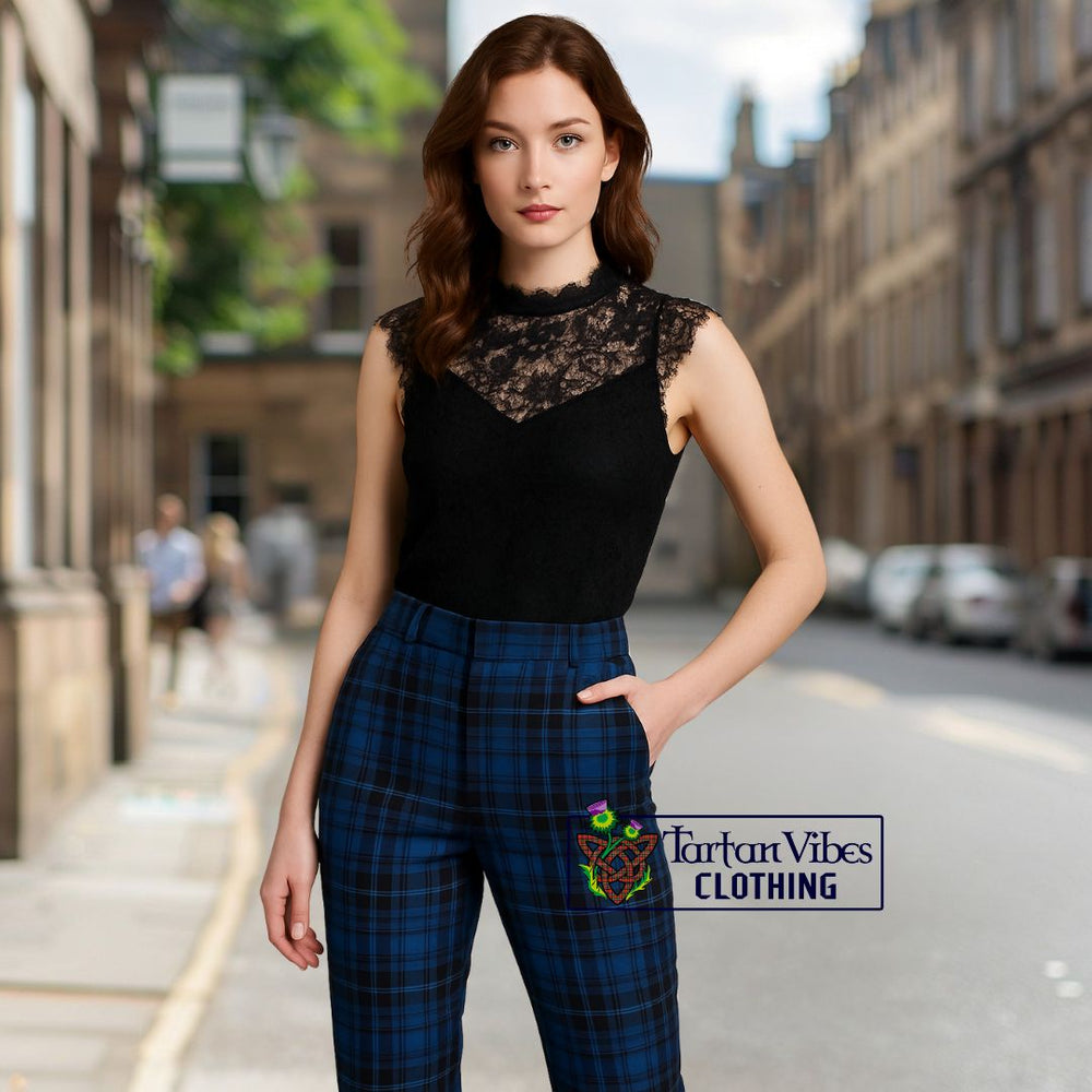 Black Lace Top with Blue Tartan Plaid Pants 