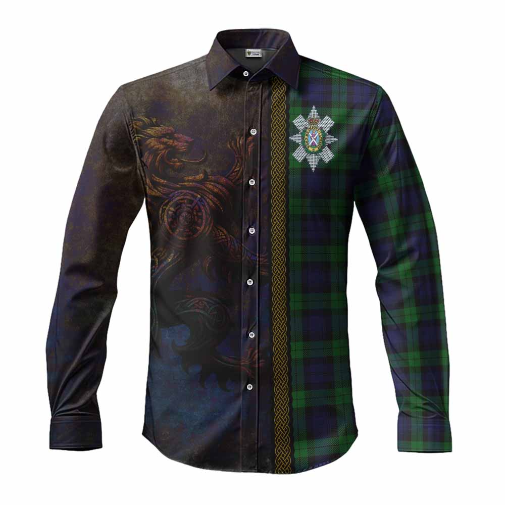 Tartan Vibes Clothing Black Watch Tartan Family Crest Long Sleeve Button Shirt Alba Gu Brath Be Brave Lion Ancient Style