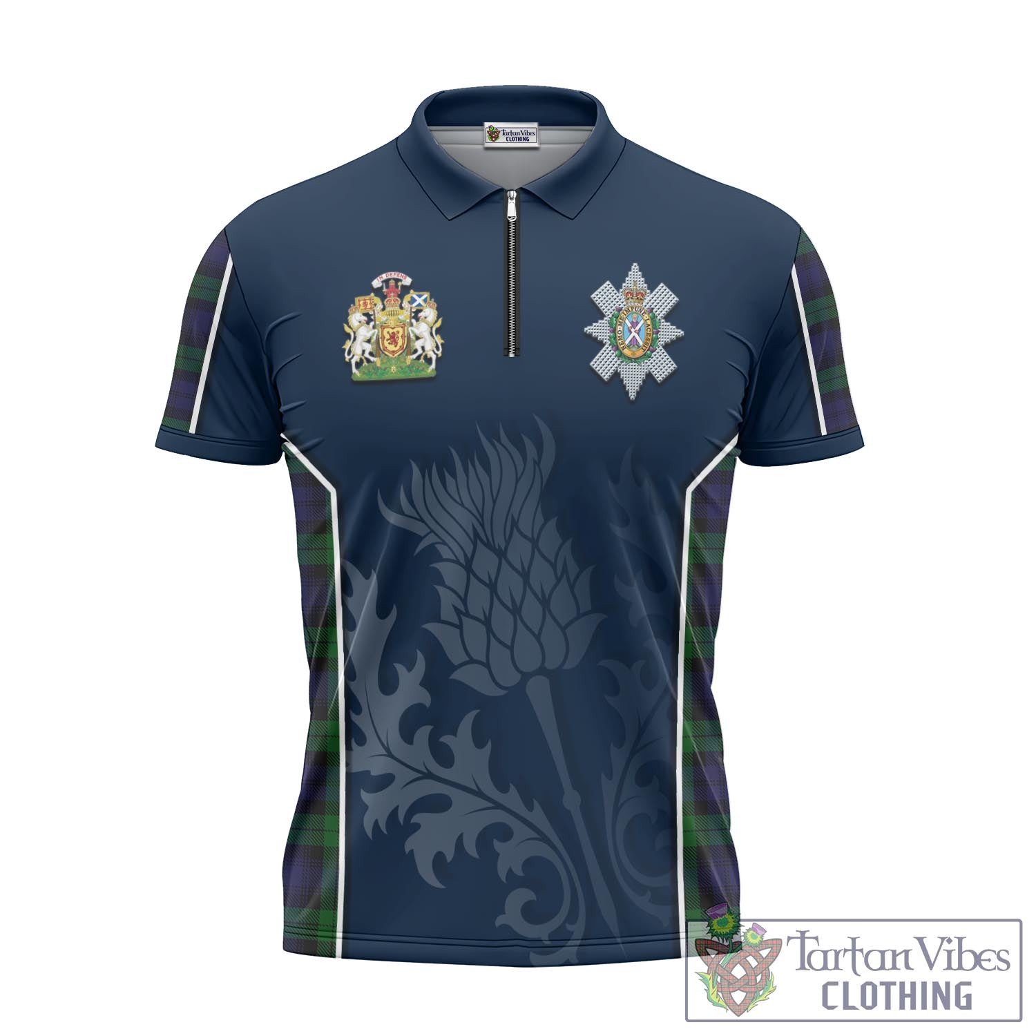 Tartan Vibes Clothing Black Watch Tartan Zipper Polo Shirt with Family Crest and Scottish Thistle Vibes Sport Style