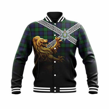 Black Watch Crest Tartan Baseball Jacket with Golden Lion Emblem Celtic Style
