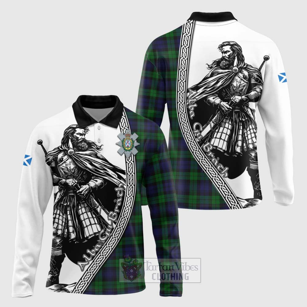 Black Watch Tartan Clan Crest Long Sleeve Polo Shirt with Highlander Warrior Celtic Style Unisex - Tartan Vibes Clothing
