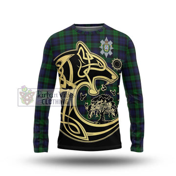 Black Watch Tartan Long Sleeve T-Shirt with Family Crest Celtic Wolf Style
