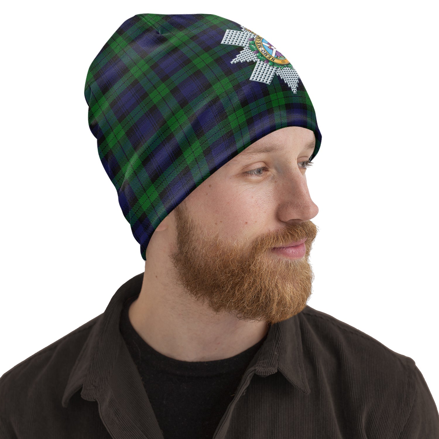 Black Watch Tartan Beanies Hat with Family Crest One Size 22 inches 15.5 inches - Tartanvibesclothing