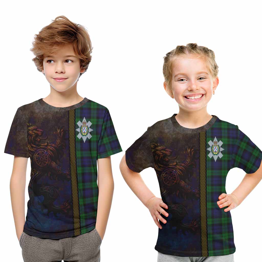 Tartan Vibes Clothing Black Watch Tartan Family Crest Kid T-Shirt Alba Gu Brath Be Brave Lion Ancient Style