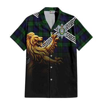 Black Watch Crest Tartan Hawaiian Shirt with Golden Lion Emblem Celtic Style
