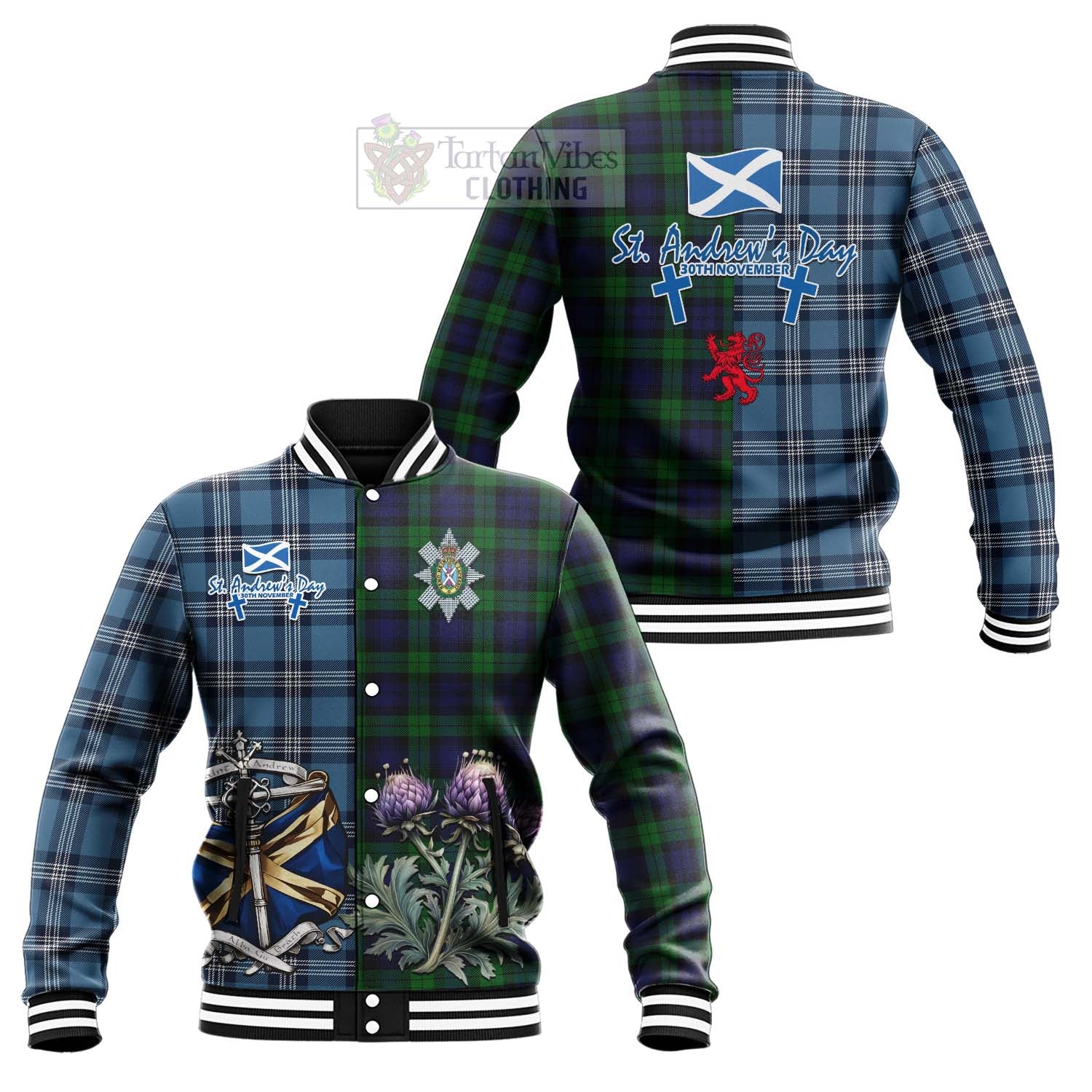 Tartan Vibes Clothing Black Watch Tartan Baseball Jacket Happy St. Andrew's Day Half Tartan Style