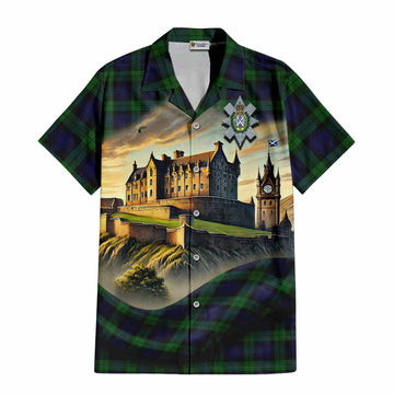 Tartan Vibes Clothing Black Watch Tartan Family Crest Short Sleeve Button Shirt with Scottish Ancient Castle Style