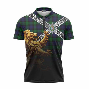 Black Watch Crest Tartan Zipper Polo Shirt with Golden Lion Emblem Celtic Style