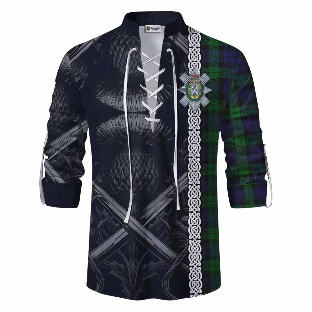 Tartan Vibes Clothing Black Watch Tartan Ghillie Kilt Shirt with Family Crest Cross Sword Thistle Celtic Vibes