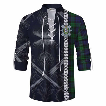 Tartan Vibes Clothing Black Watch Tartan Ghillie Kilt Shirt with Family Crest Cross Sword Thistle Celtic Vibes